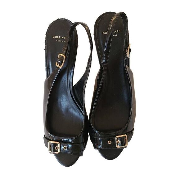 Cole Haan Wilma Heels Women Glossy Sling Back Kitten Heels Black Leather 9.5B - Picture 2 of 14